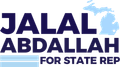 Jalal Abdallah for State Rep logo, text in navy blue, light blue outline of Michigan, navy blue star.