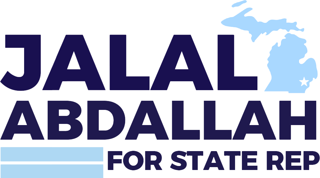 Jalal Abdallah for State Rep logo, text in navy blue, light blue outline of Michigan, navy blue star.