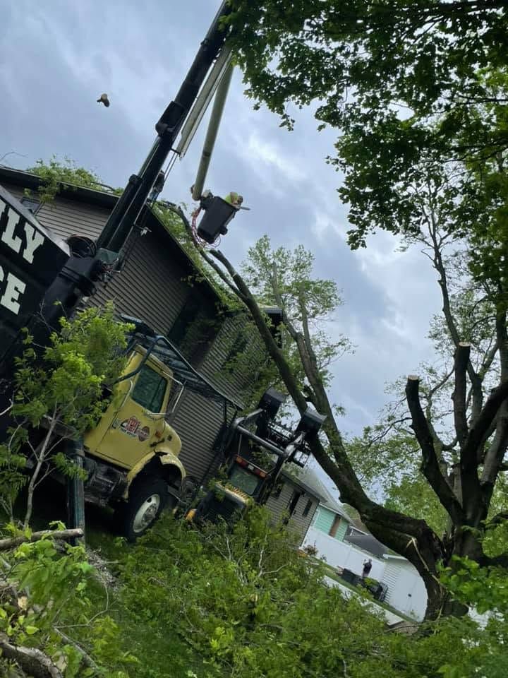 Crane lifting debris beside a damaged house and fallen tree after a storm