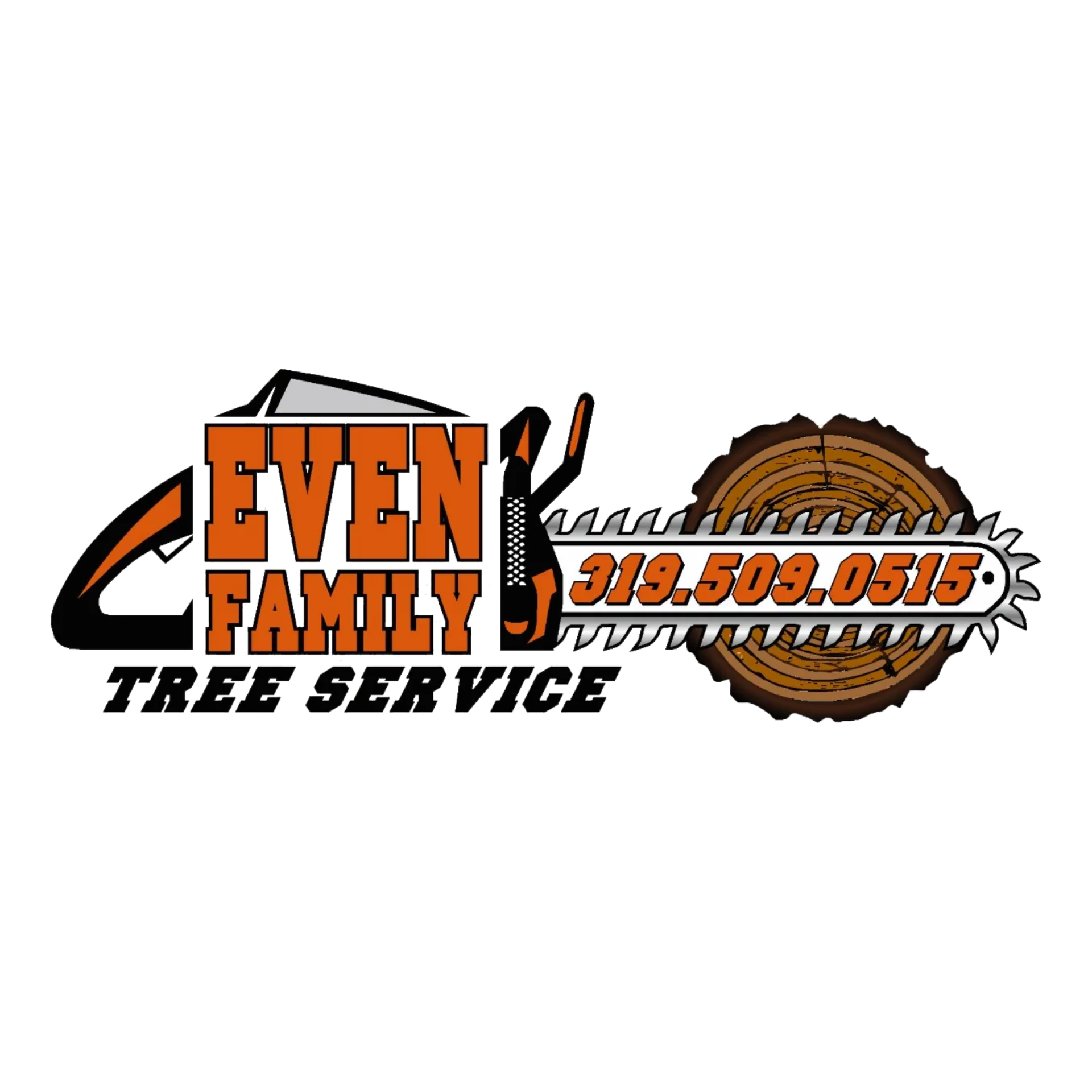 Even Family Tree Service logo with chainsaw and phone number 319-508-0515