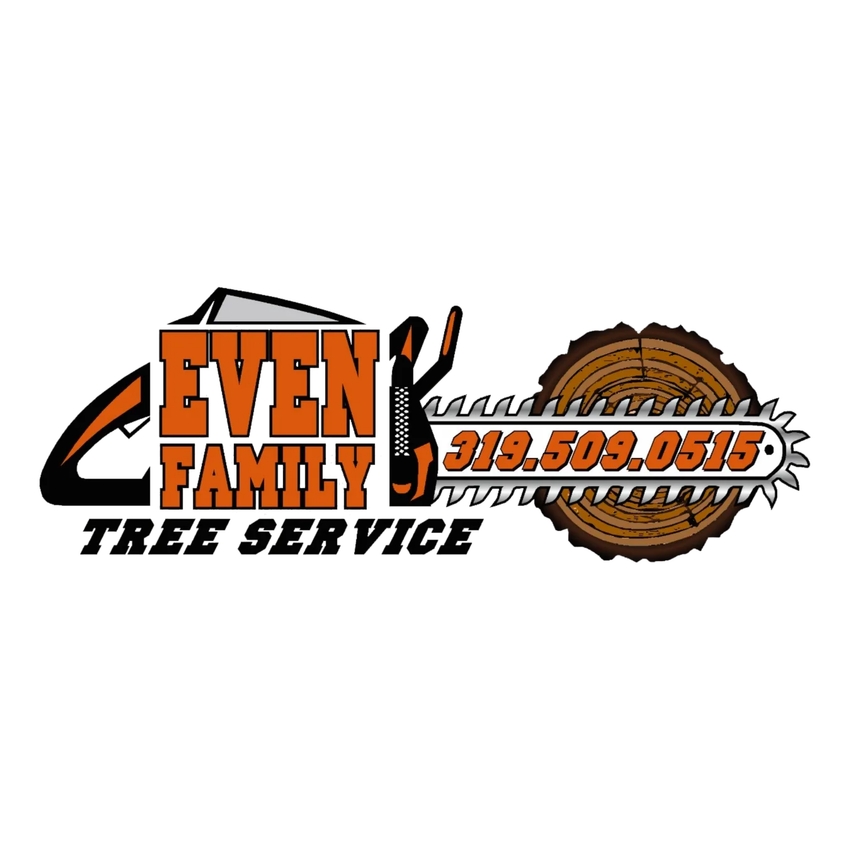 Even Family Tree Service logo with orange text, chainsaw graphic, and phone number 319-509-0515
