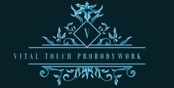 Teal logo reading &ldquo;VITAL TOUCH BODYWORK&rdquo; with a stylized floral emblem on a dark background