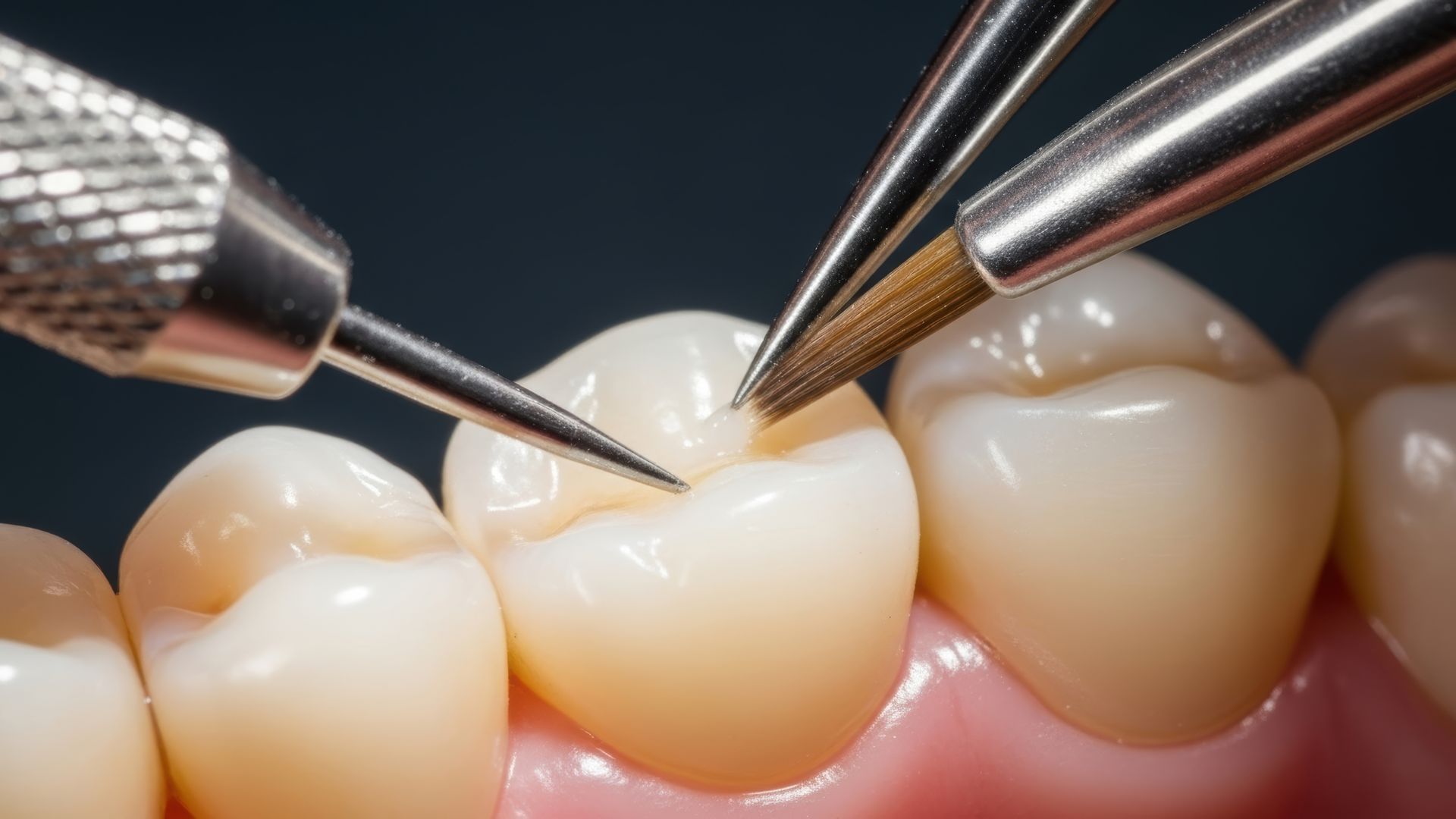 Dental tools cleaning a tooth during a close-up dental procedure.