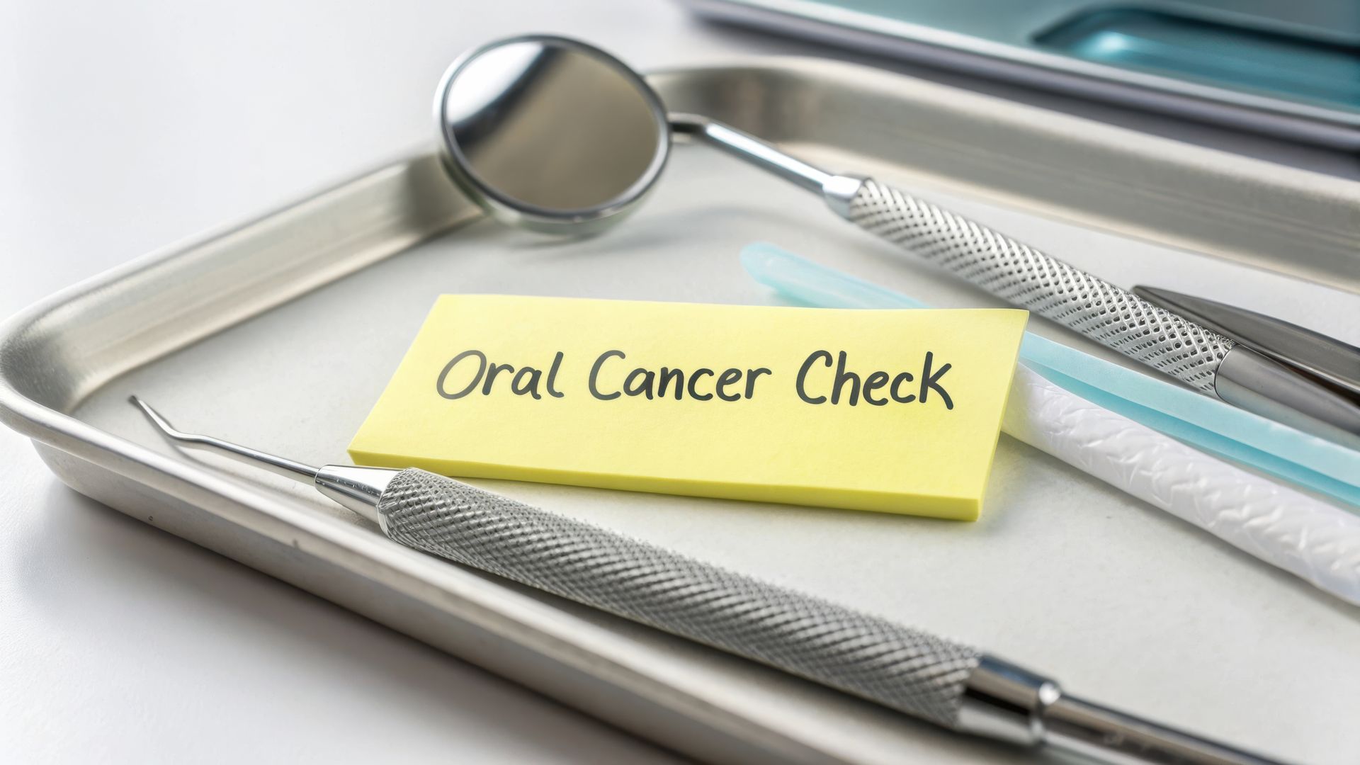 Dental tools beside a yellow note reading “Oral Cancer Check”