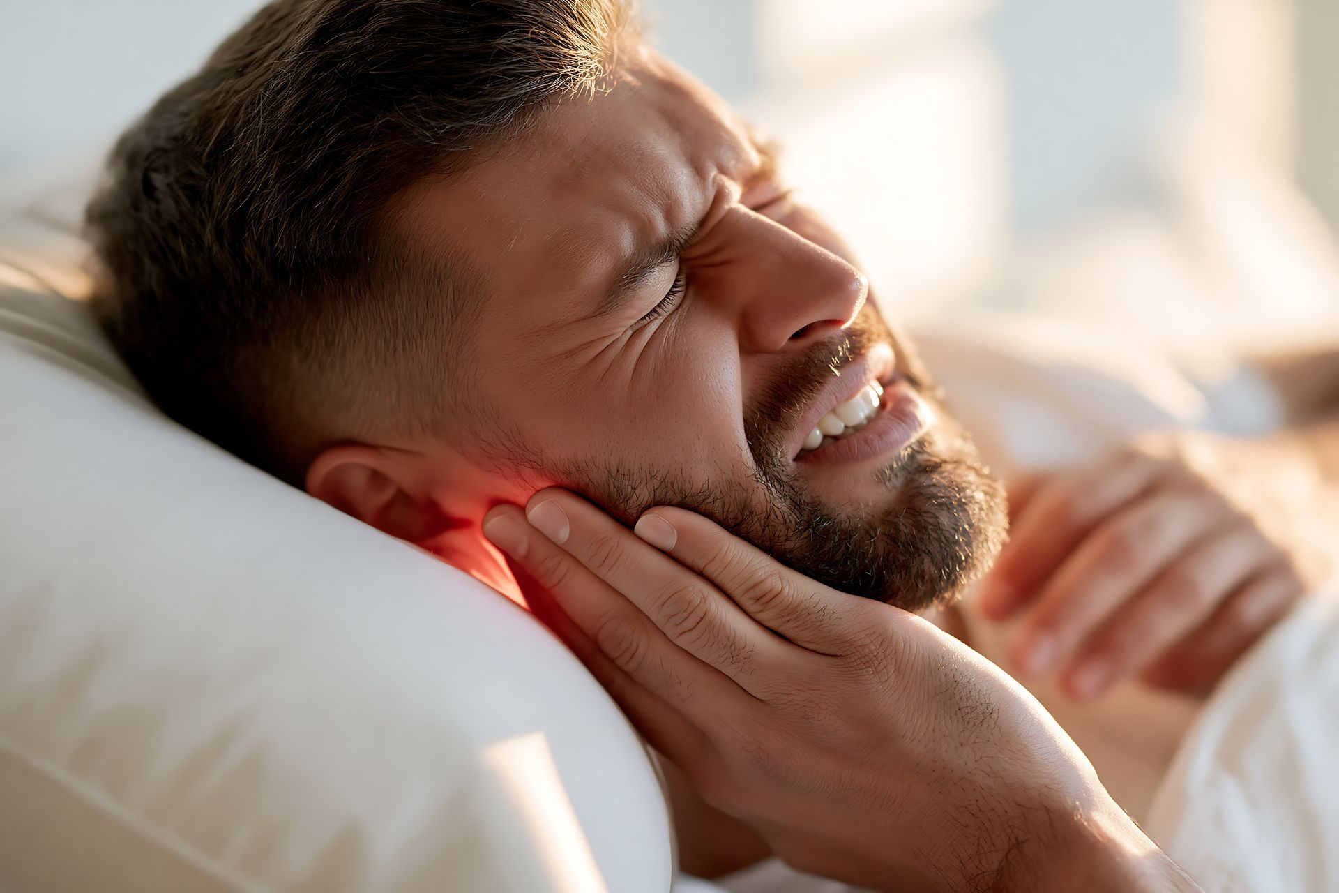 Man holding his jaw in pain on a bed, with a red glow indicating toothache
