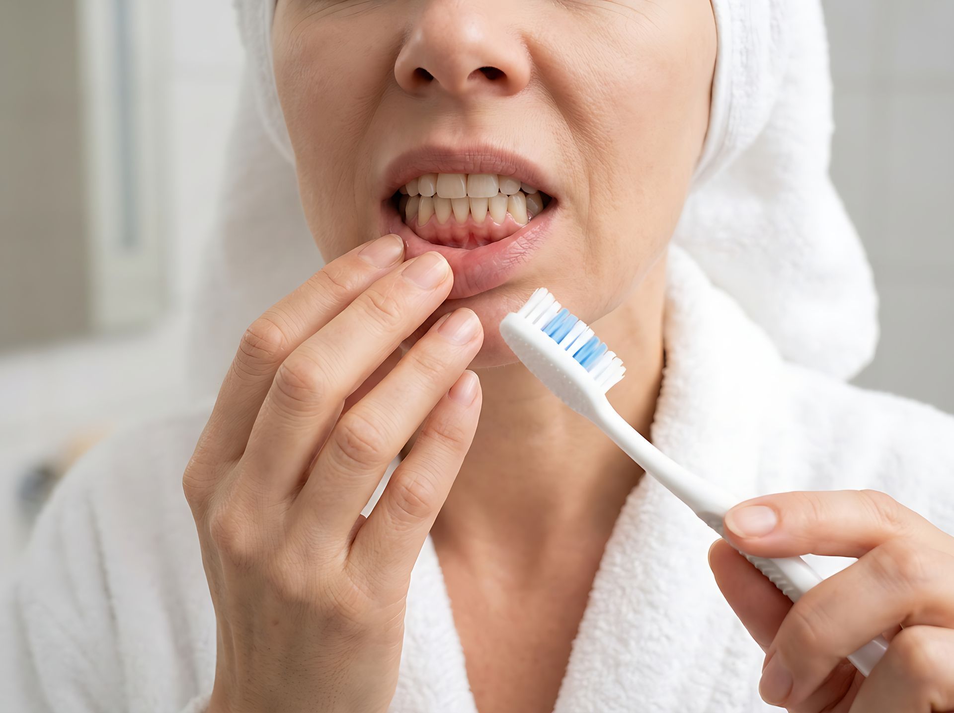 Person brushing teeth with a white toothbrush and blue toothpaste in a bathroom.