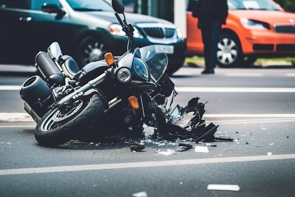 Motorcycle crashed on a street; cars in the background, a person standing nearby. Debris scattered.