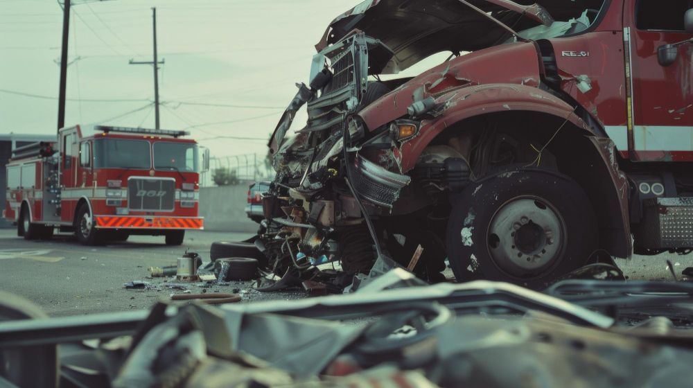 Fire truck at a vehicle crash scene, red semi-truck heavily damaged. Debris scattered on the road.