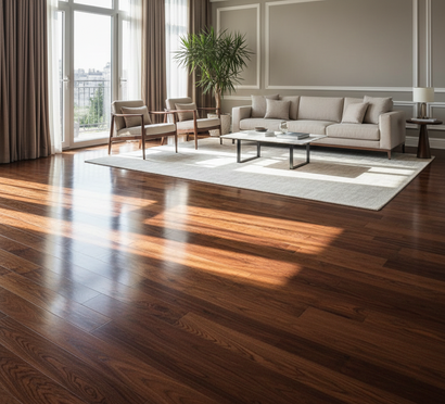 Elegant living room with hardwood floors, a beige sofa, and a large window with sunlight.
