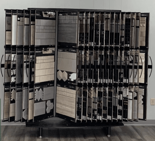 A display case filled with lots of different types of tiles