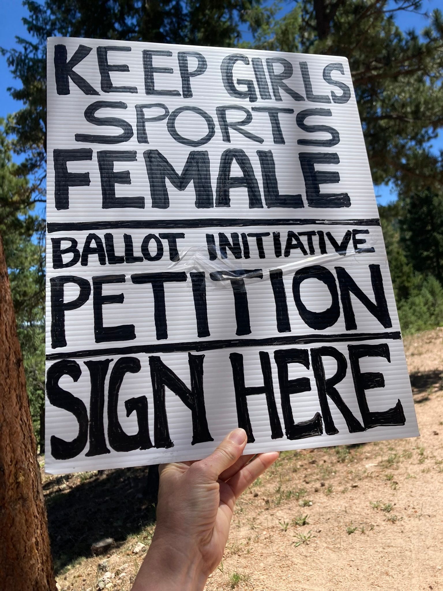 A person is holding a sign that says keep girls sports female ballot initiative petition sign here