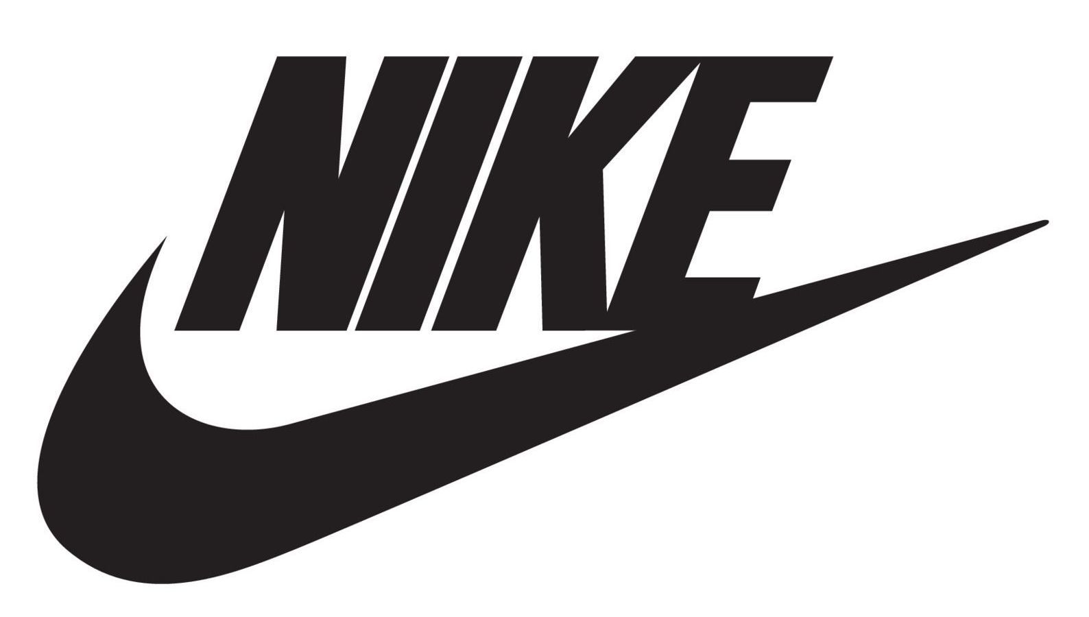 Zwart Nike-logo met swoosh op een witte achtergrond.