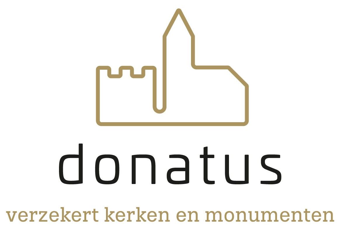 Donatus logo with gold church and city outline above black text and Dutch tagline “verzekert kerken en monumenten”
