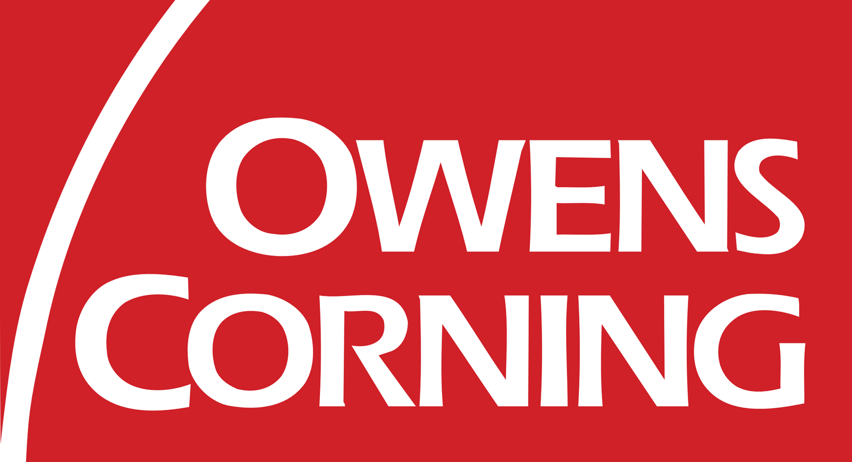 Het Owens Corning-logo in wit op een rode achtergrond.