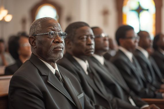 Row of solemn men in dark suits seated in a church or memorial service