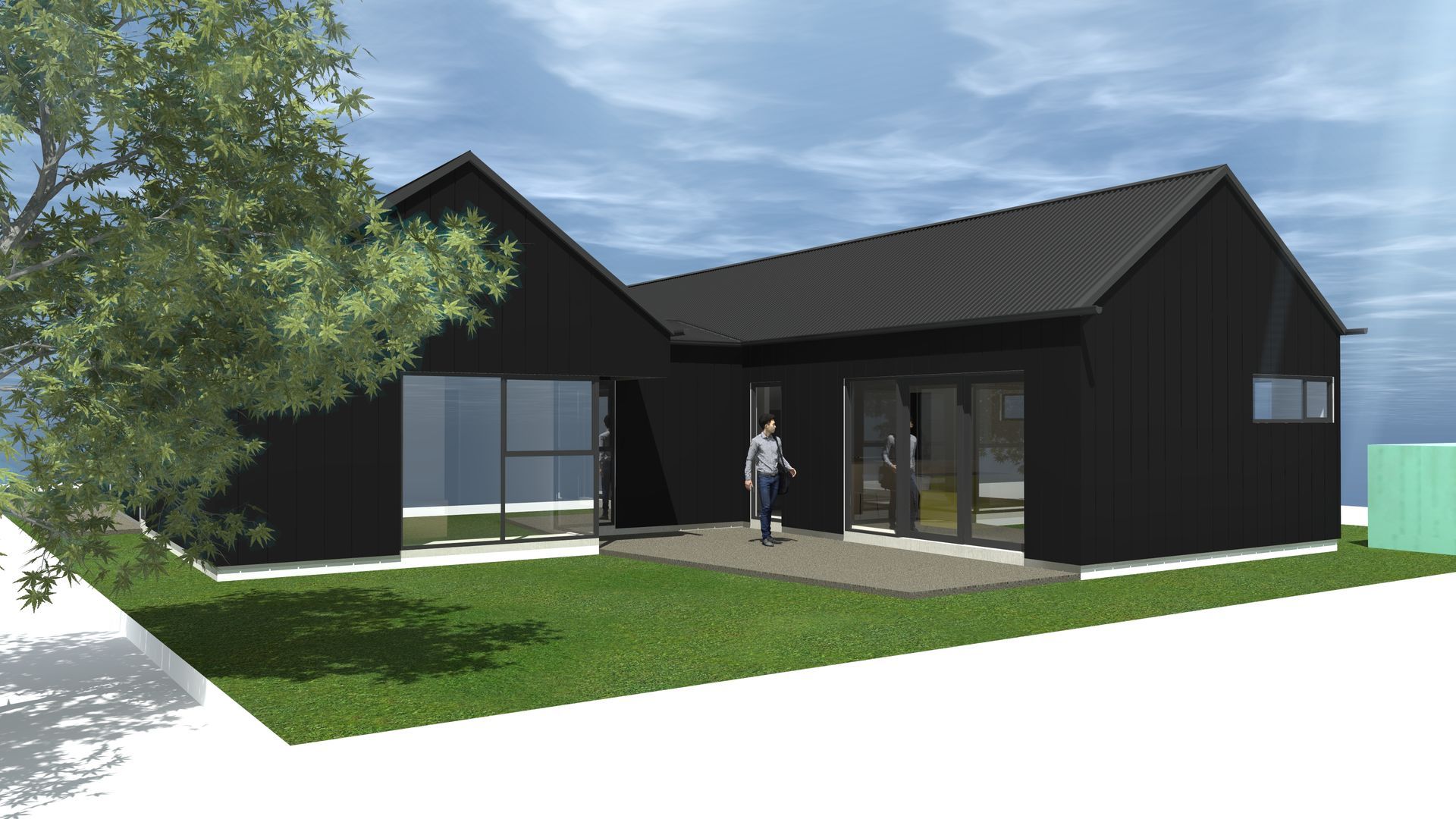 An artist 's impression of a black house with a lot of windows