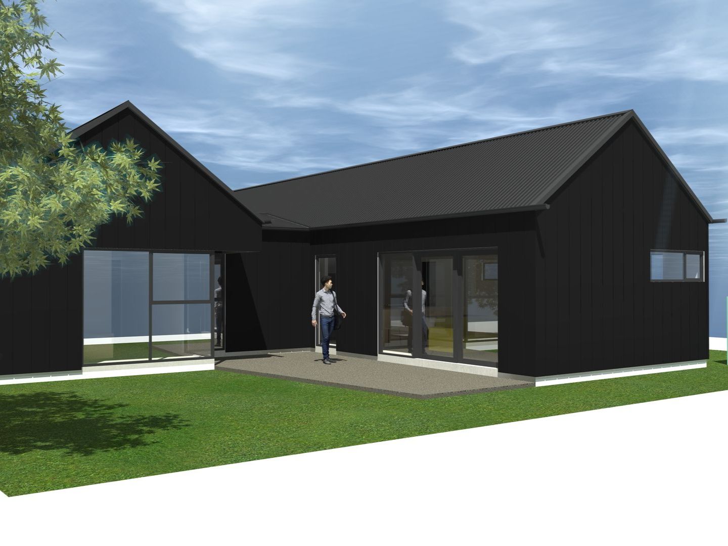 An artist 's impression of a black house with a lot of windows