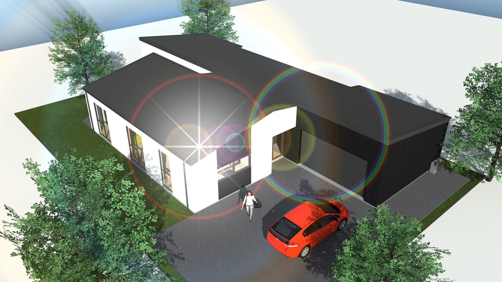 An aerial view of a house with a red car parked in front of it