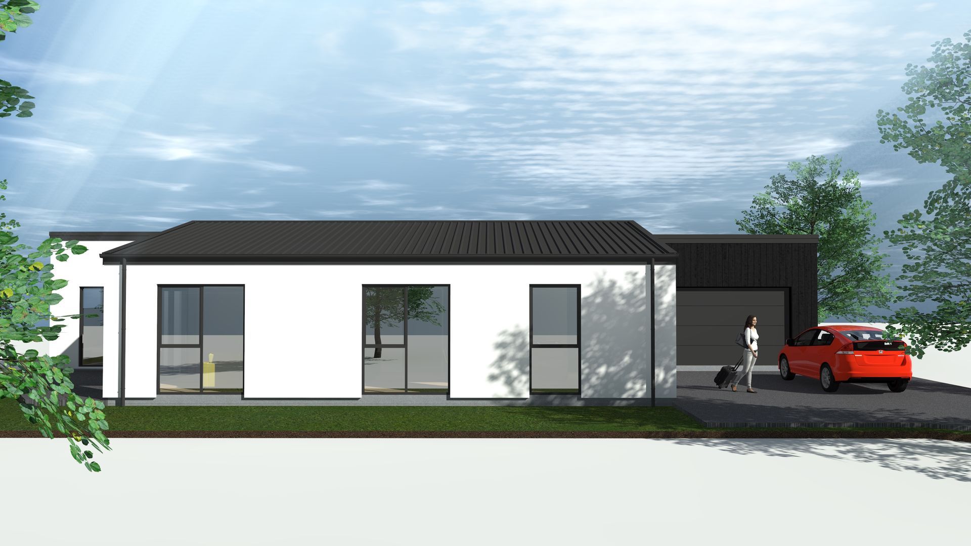 An artist 's impression of a house with a red car parked in front of it.