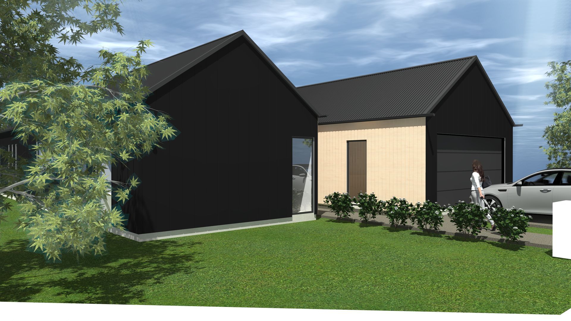 An artist 's impression of a house with a car parked in front of it.