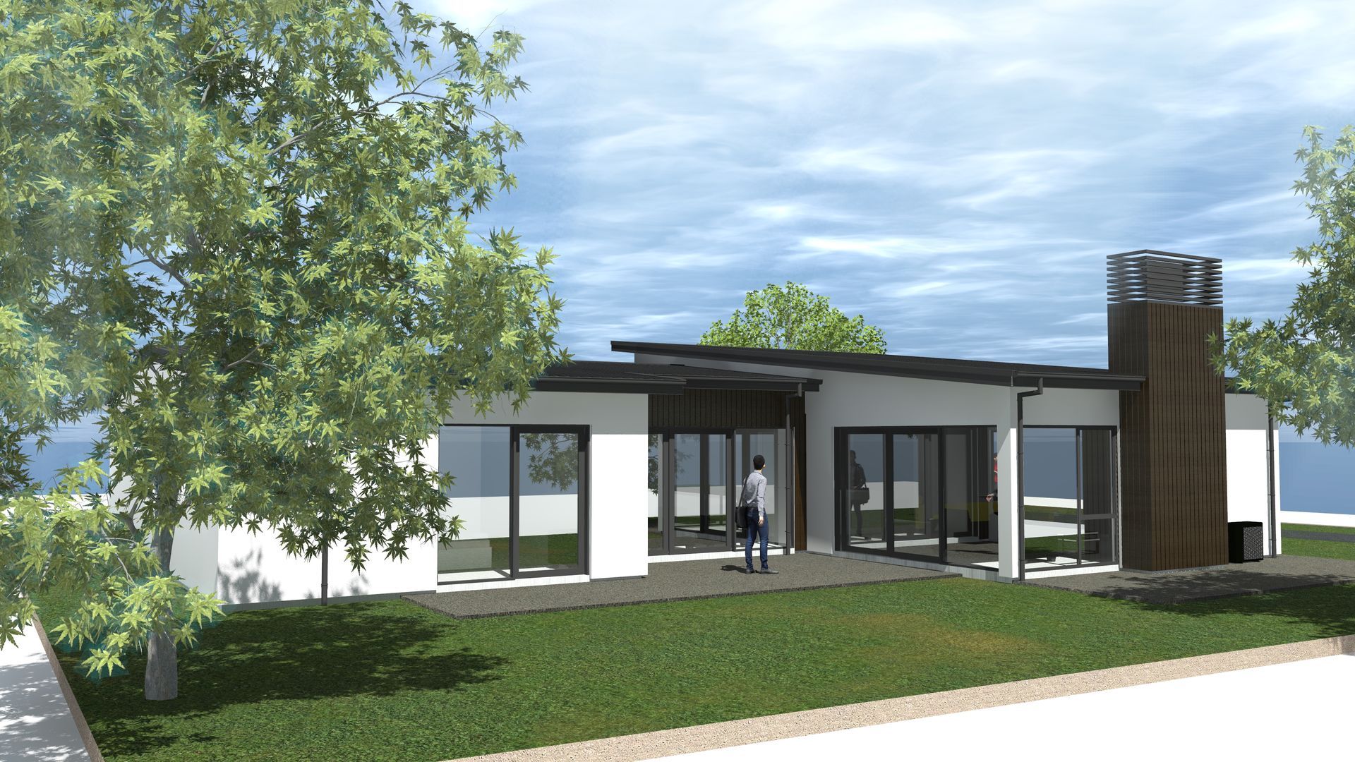 A computer generated image of a house with trees in front of it