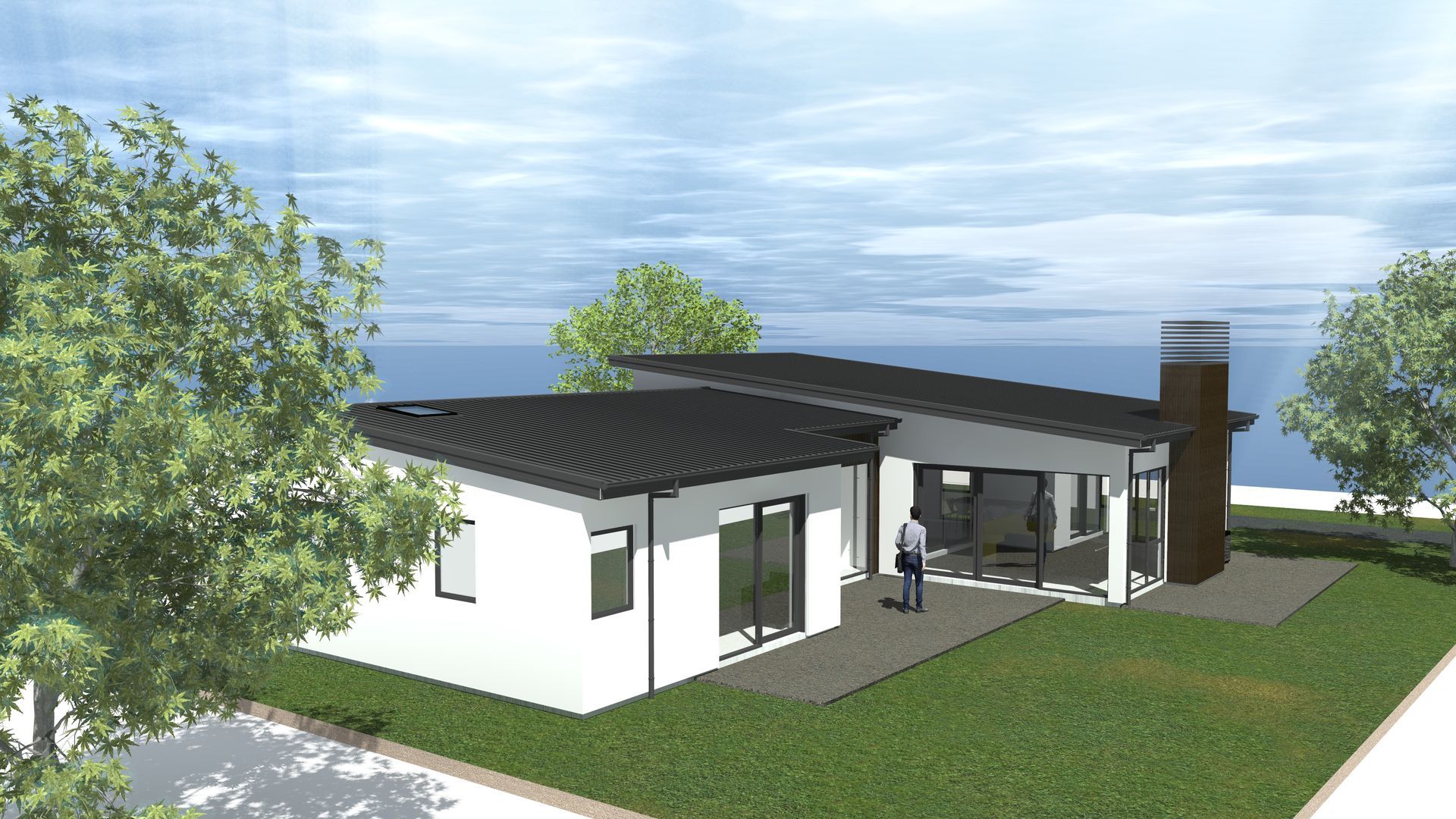 A computer generated image of a house with a man standing in front of it