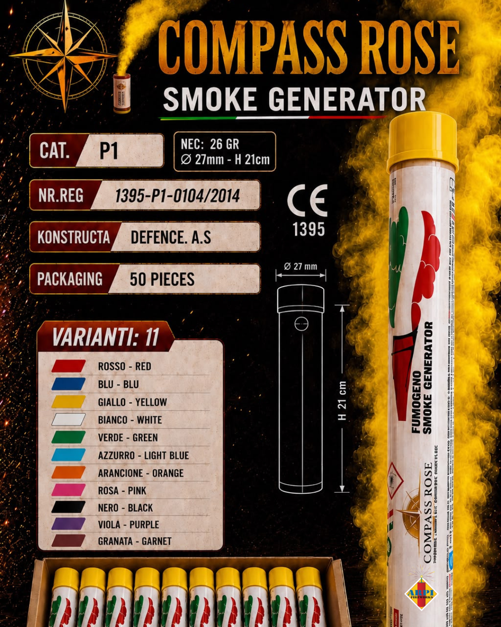 Grafica promozionale con stretta di mano sopra i fuochi d'artificio, logo ARPI Fireworks Italia e skyline notturno del lungomare cittadino.