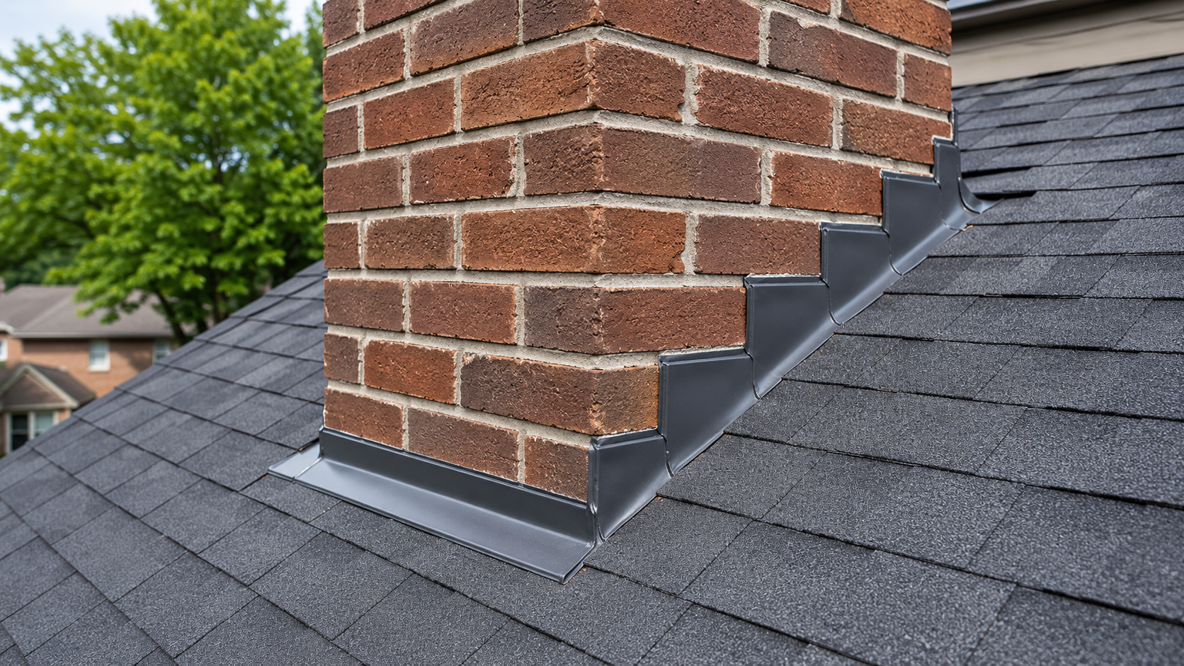 Chimney flashing repair protecting residential roof