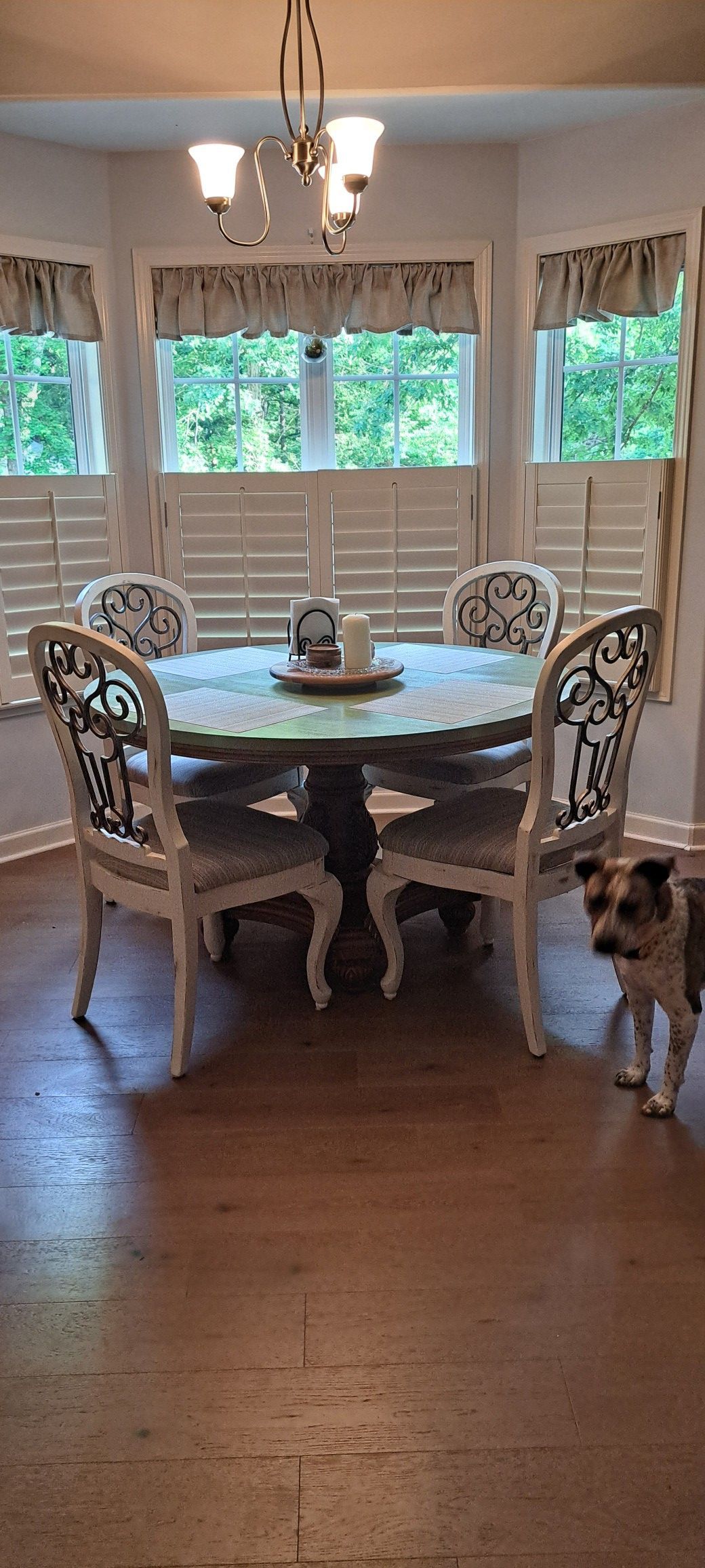 Dining room with round table, ornate chairs, chandelier, shutters, and dog.