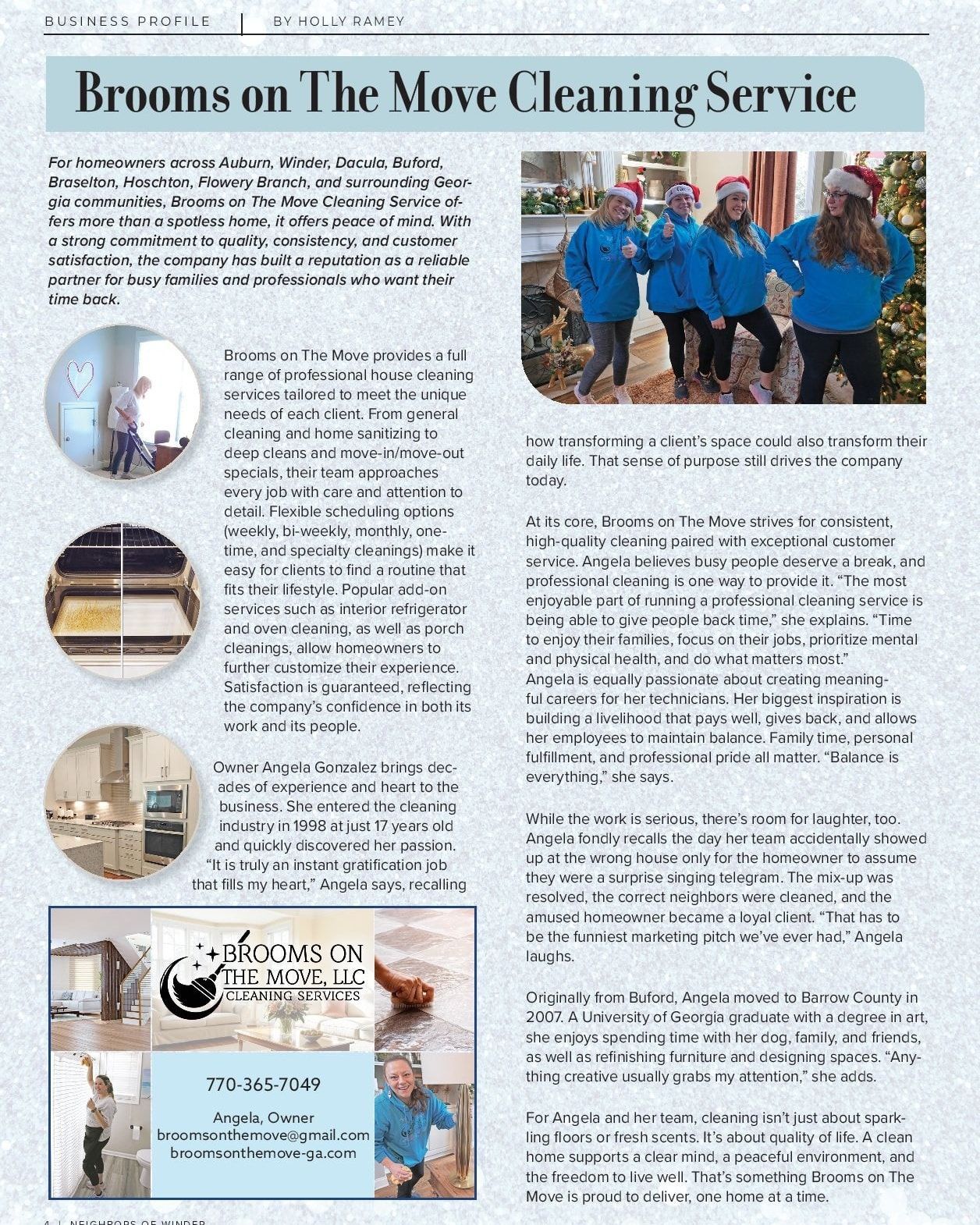 Cleaning service advertisement with photos of staff and cleaning tasks.