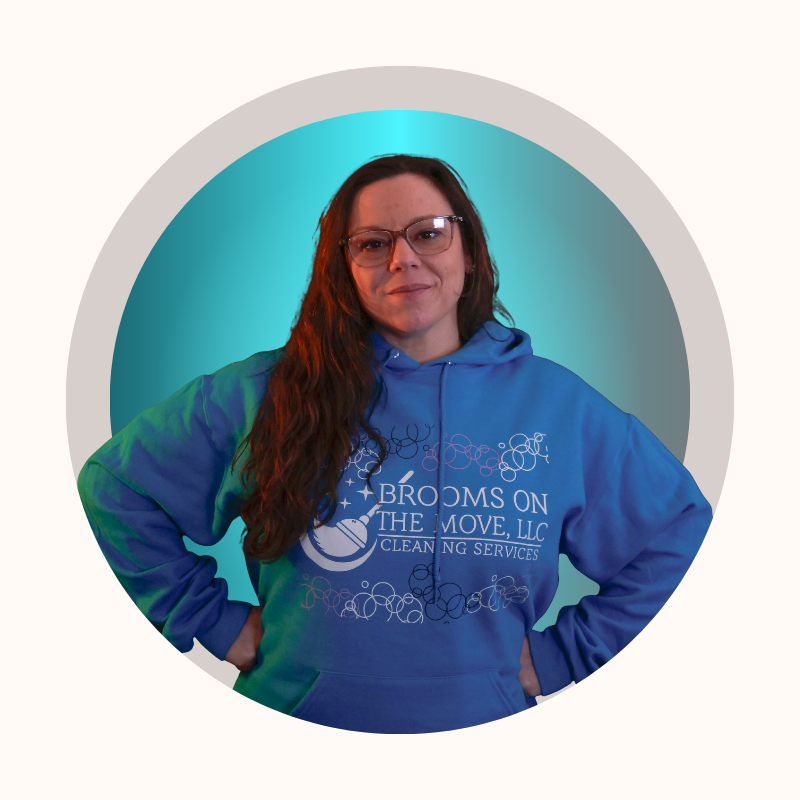 Woman in blue hoodie with 