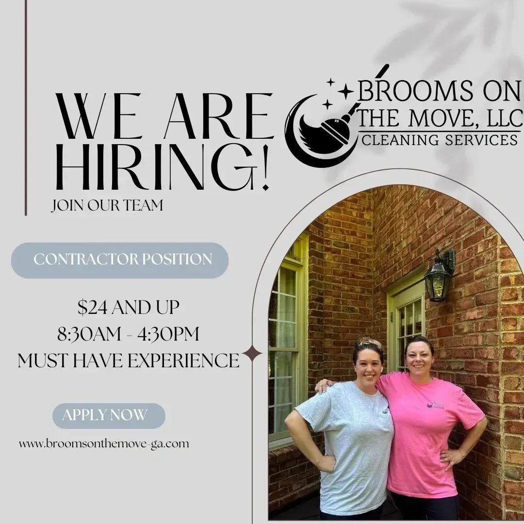 Hiring ad for "Brooms on the Move, LLC" cleaning services. Two women in front of a brick building.