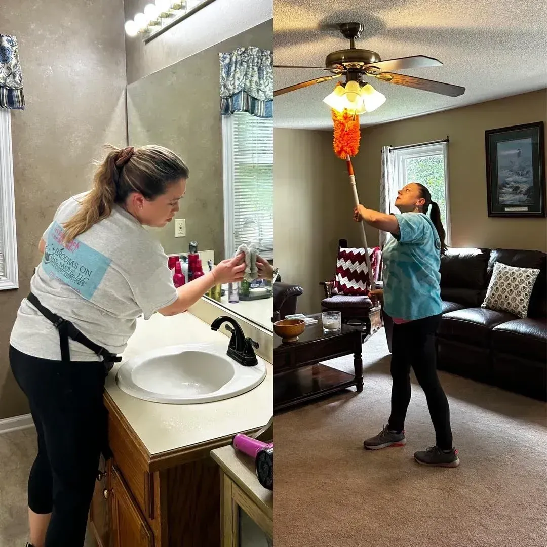 Two women cleaning: one in a bathroom, one dusting a ceiling fan in a living room.