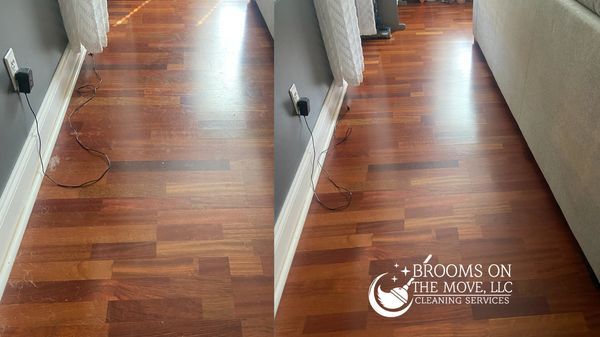 Comparison of wood floors: before and after cleaning. Shiny, brown wood, gray walls.