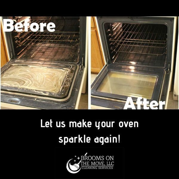 Before-and-after of an oven cleaning service. The oven interior goes from dirty to sparkling clean.