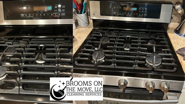 Two gas stovetops before and after cleaning, showing a stainless steel finish and black grates.
