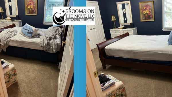 Side-by-side comparison of a messy and tidied bedroom; bed and furniture visible, navy walls, and tan carpet.