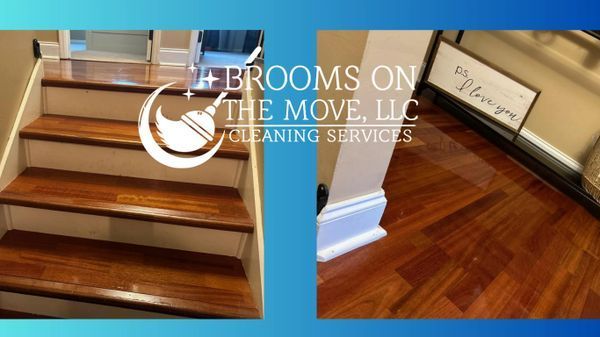 Before and after cleaning of hardwood stairs and flooring by Brooms on the Move, LLC.