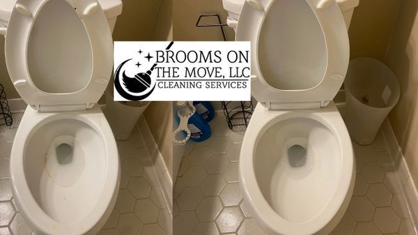 Two open toilet seats in a tiled bathroom; cleaning services logo in between.