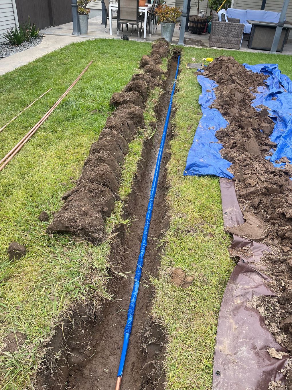A blue pipe is being installed in the dirt in a backyard.