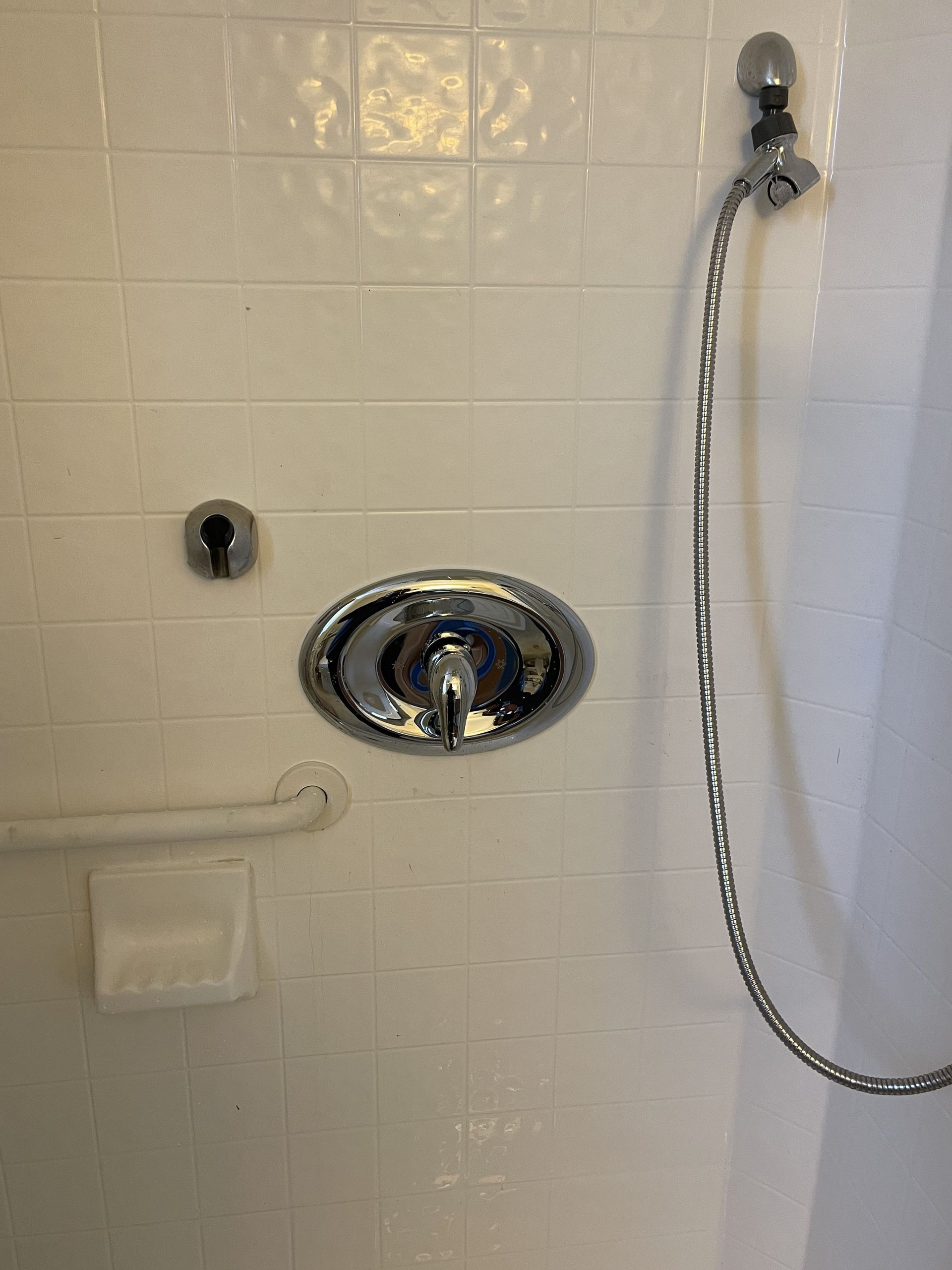 A shower with a hand rail and a shower head