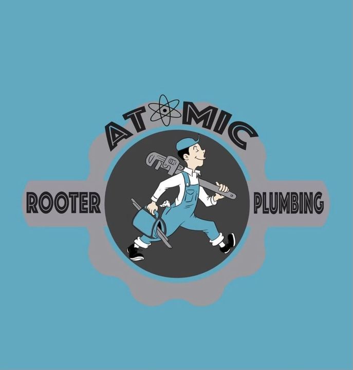 A logo for atomic rooter plumbing shows a man holding a wrench.