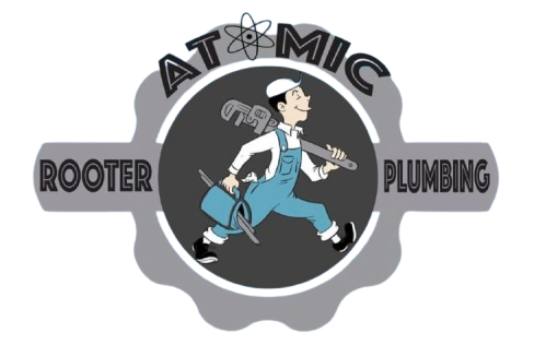 A logo for atomic rooter plumbing with a cartoon of a plumber