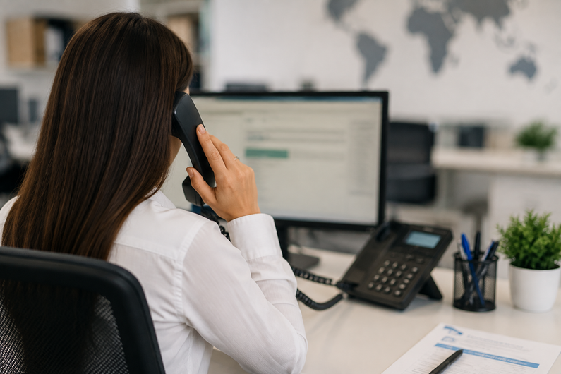 Una donna al telefono è seduta a una scrivania in ufficio, di fronte a un monitor e a un telefono fisso.