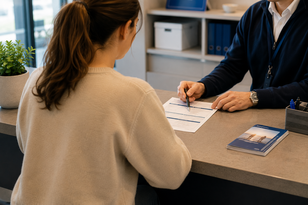 Due persone sedute a una scrivania esaminano un modulo nella reception di un ufficio.
