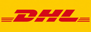 Logo DHL in rosso su sfondo giallo, con linee orizzontali rosse su entrambi i lati.