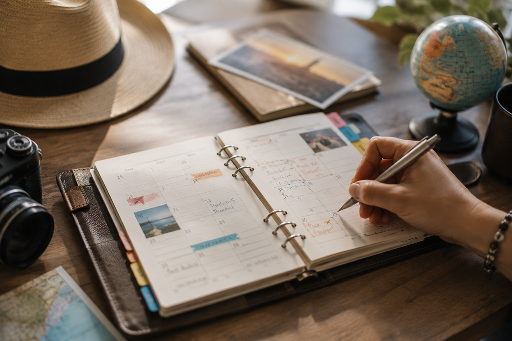 Agenda di viaggio aperta su una scrivania di legno, con una mano che prende appunti accanto a un cappello, una macchina fotografica e un mappamondo.
