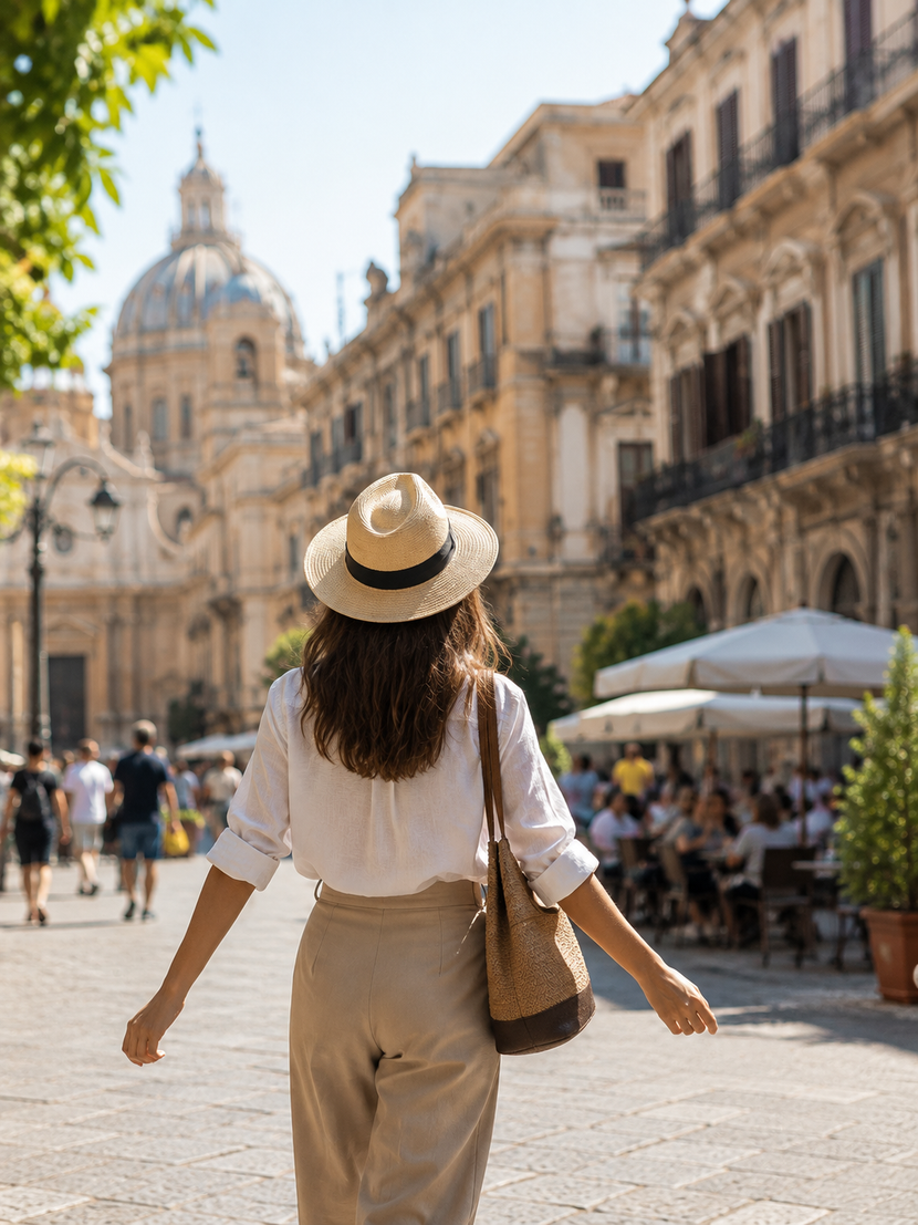 Una persona con un cappello di paglia cammina attraverso una piazza europea illuminata dal sole, dirigendosi verso una cattedrale con cupola.