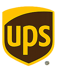 Logo UPS a forma di scudo in oro e marrone su sfondo bianco.