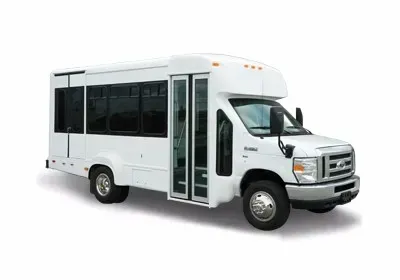 A white bus with a door open on a white background.